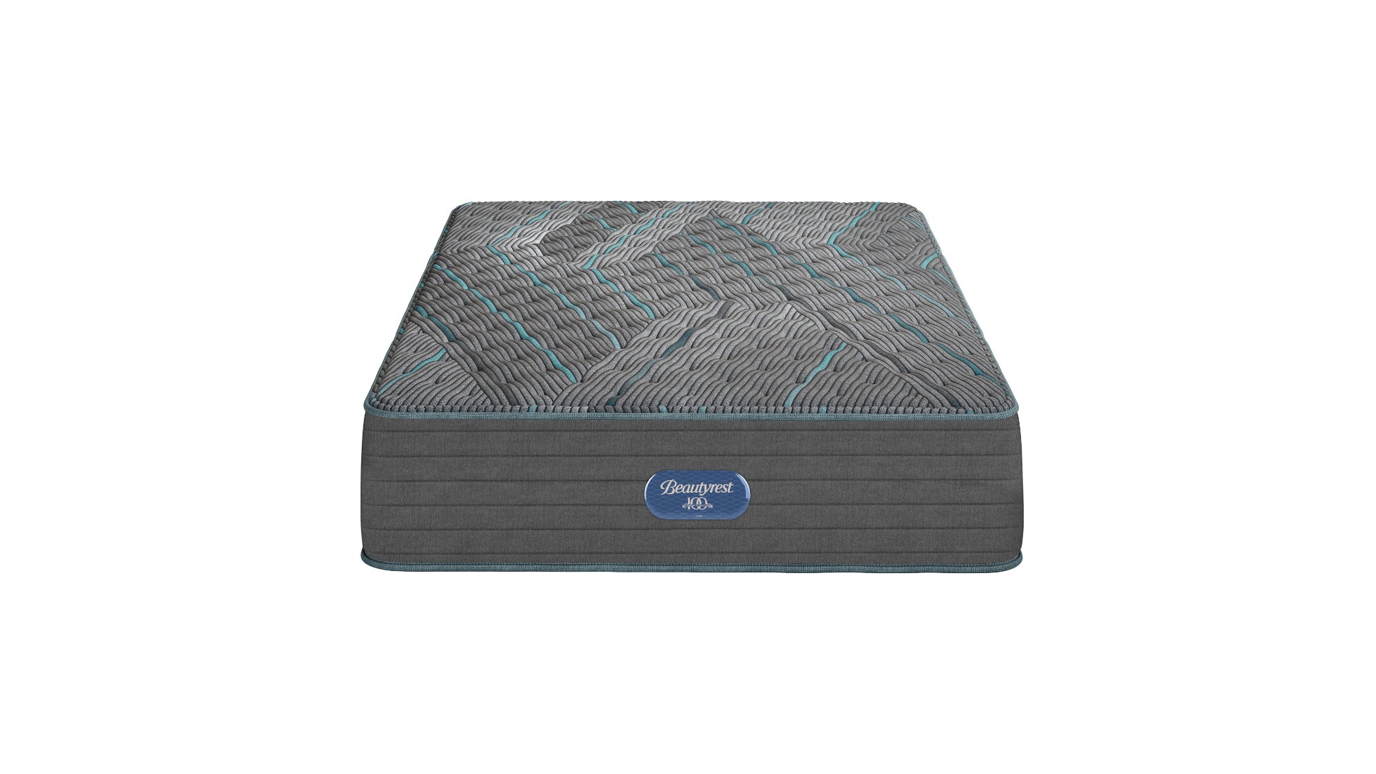 Gray mattress with a brand logo on a white background