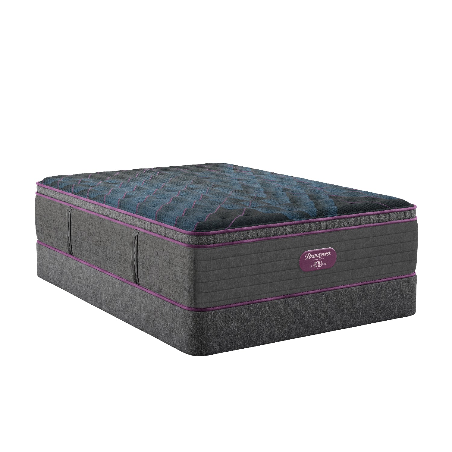 Gray beautyrest mattress with purple accents on a white background
