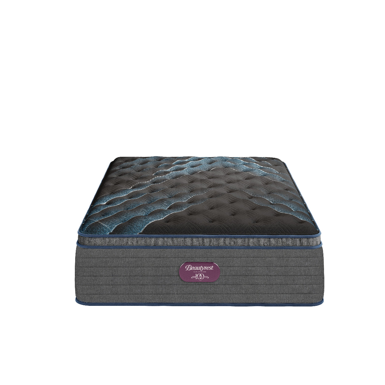 Gray mattress with a brand logo on a white background