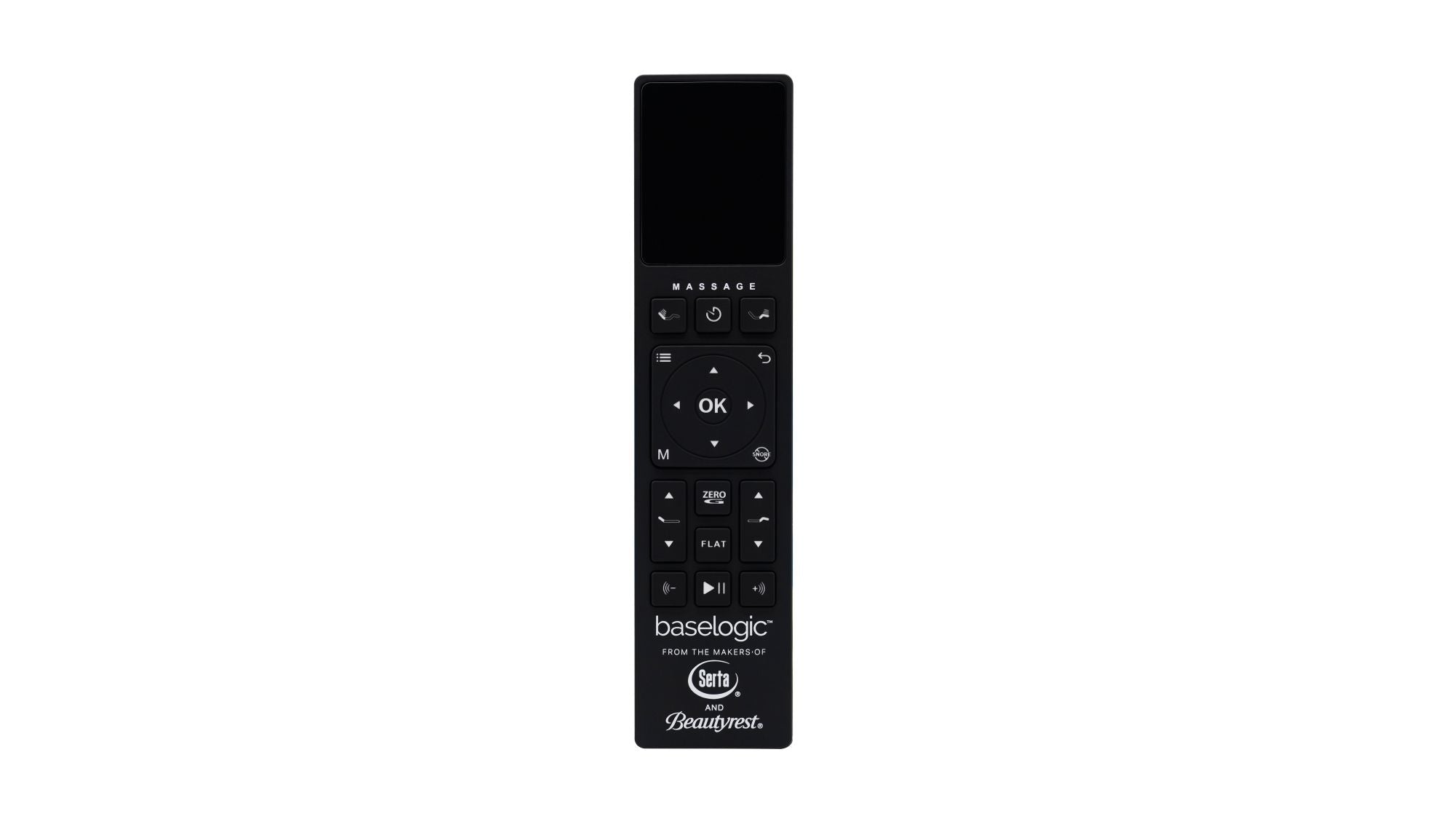 Black remote control with visible brand logos on a white background