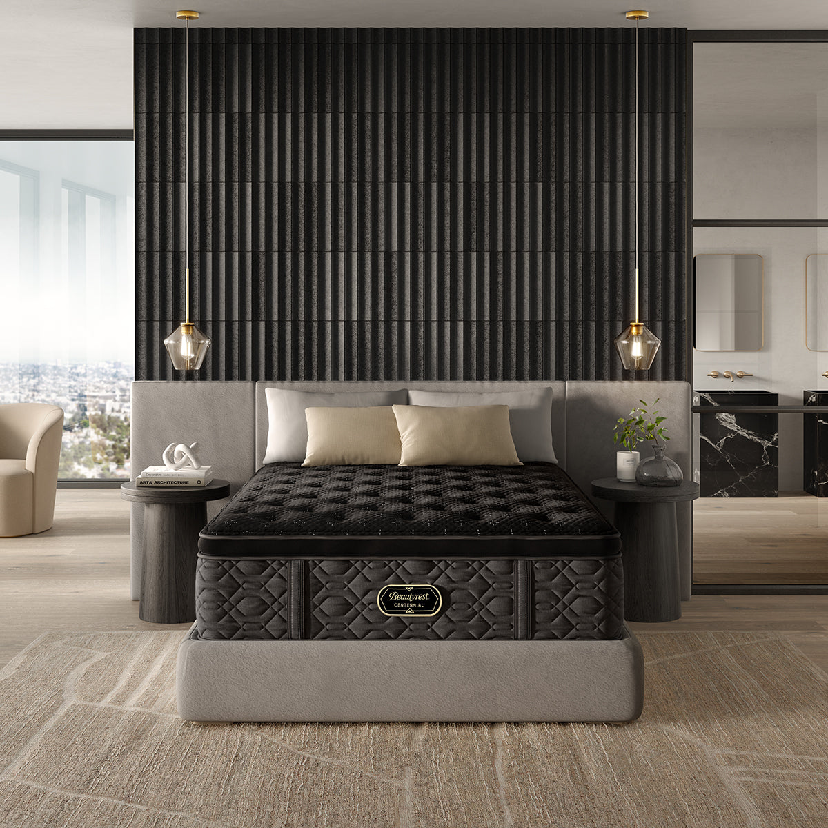 Black Trilliant mattress on a bed in a modern bedroom setting